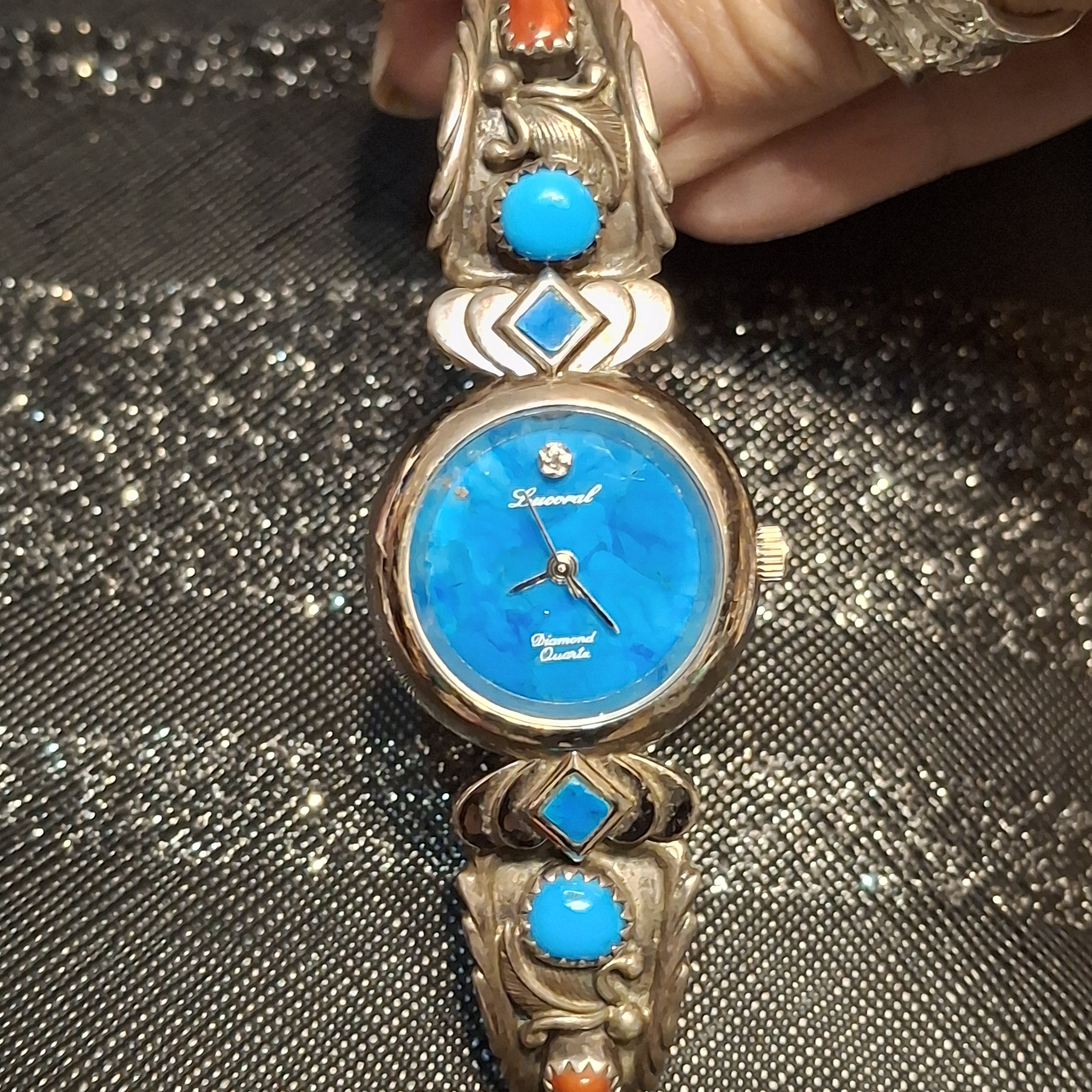 Sleeping Beauty Turquoise Coral Sterling Silver Ladies Watch Diamond Dial
